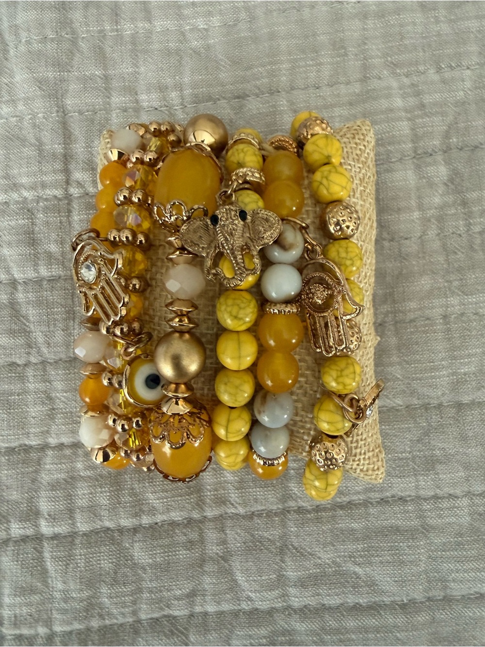 Yellow Evil Eye Beaded Charm Bracelet Stack - Set of 6